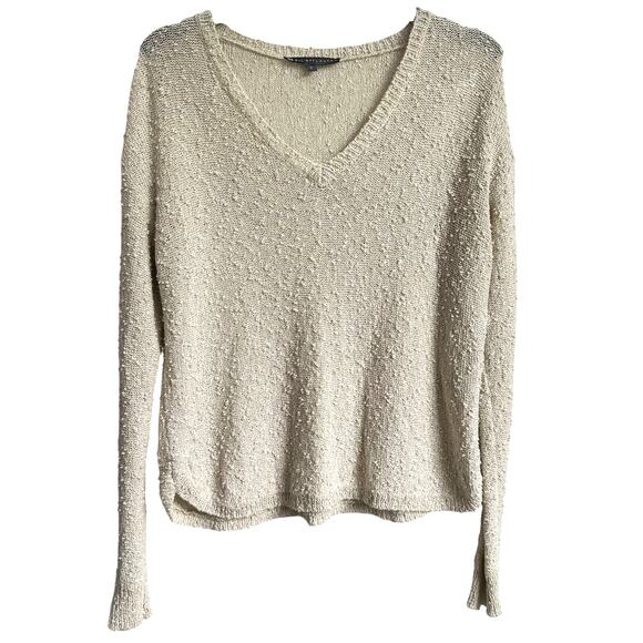 Elliott Lauren Beige Shimmer Small Textured Lightweight Knit Sweater Fall V-Neck - Picture 1 of 6